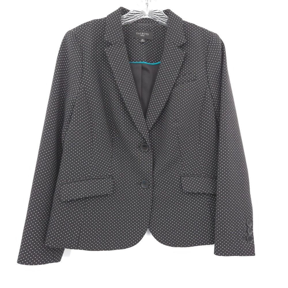 Talbots wool blend polka dot knit blazer jacket Size 10p black long sleeve